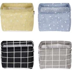 PERLE RARE Mini Set De Rangement Pliable Caisses De Rangement Lin Coton Imperméable Organisateurs De Paniers De Rangement Pour étagères Bureau Lot De 4 (Jaune, Bleu Ciel, Noir, Gris)