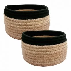 MEUBLETMOI Lot De 2 Paniers H.11 Cm X D.19 Cm En Jute Beige Et Noir - ROUDY 9529 - Beige