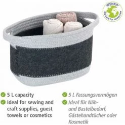 WENKO® WENKO Corbeille En Feutre Bea M, Avec Deux Anses Blanches, Fabriquée à Base De Feutre En Polyester Recyclé, Gris Foncé, Design Tissage Blanc, 80 % Polyester / 20 % Coton, 5 Litres, 24 X 16 X 16 Cm -Petit rangement Soldes Magasin 55427528 3