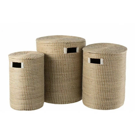 DANSMAMAISON Set De 3 Paniers + Couvercle Zostere Naturel/Blanc - L 45 X L 45 X H 56 Cm - Naturel 3 DANSMAMAISON Set De 3 Paniers + Couvercle Zostere Naturel/Blanc - L 45 X L 45 X H 56 Cm - Naturel