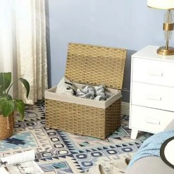 SONGMICS Boîte De Rangement Rotin, Bac De Rangement, Panier à Linge 65 L, Corbeille Décorative, Coffre De Rangement, Avec Poignées, Doublure, Couvercle, Pour Chambre, Buanderie, Couleur Boisée RST56NL - Couleur Boisée -Petit rangement Soldes Magasin 55540752 3