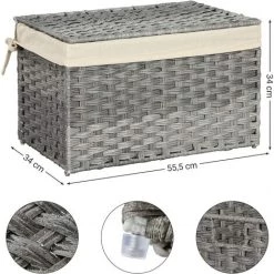 SONGMICS Boîte De Rangement Rotin, Bac De Rangement, Panier à Linge 65 L, Corbeille Décorative, Coffre De Rangement, Avec Poignées, Doublure, Couvercle, Pour Chambre, Buanderie, Gris RST56WG - Gris -Petit rangement Soldes Magasin 55540783 5