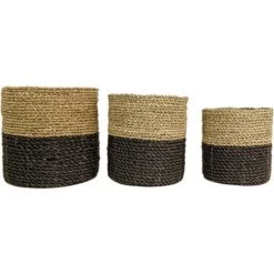 HSM COLLECTION Ensemble De 3 Paniers Raphia/seagrass - Naturel/noir ø20*20/ø18*18/ø17 - Naturel/Noir -Petit rangement Soldes Magasin 55546805 2