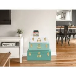 OZAIA Lot De 3 Malles BALAO En Métal - Vert Canard, Vert Et Blanc - 3 Tailles - Vert émeraude -Petit rangement Soldes Magasin 55883013 3