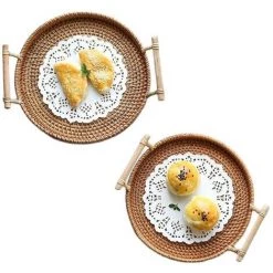 ILOVEMILAN Plateau De Rangement En Rotin Tissé à La Main Avec Manche En Bois Panier De Rangement Rond En Osier (S)