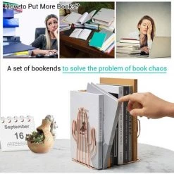 MACARON Serre-Livres En Métal 1 Paire De Serre Livre Robustes Pour Étagères, Bibliothèques Et Organiseurs De Bureau, En Forme De Cactus Pour Cadeau, Classeur, Intercalaires Et Séparateurs, Or Rose LO-Ron -Petit rangement Soldes Magasin 56494133 3