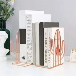 MACARON Serre-Livres En Métal 1 Paire De Serre Livre Robustes Pour Étagères, Bibliothèques Et Organiseurs De Bureau, En Forme De Cactus Pour Cadeau, Classeur, Intercalaires Et Séparateurs, Or Rose LO-Ron -Petit rangement Soldes Magasin 56494133 4