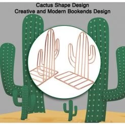 MACARON Serre-Livres En Métal 1 Paire De Serre Livre Robustes Pour Étagères, Bibliothèques Et Organiseurs De Bureau, En Forme De Cactus Pour Cadeau, Classeur, Intercalaires Et Séparateurs, Or Rose LO-Ron -Petit rangement Soldes Magasin 56494133 5
