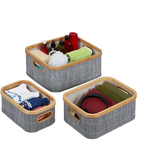 Relaxdays Panier De Rangement, Lot De 3, Avec Poignées, Trois Tailles Différentes, Bambou Et Polyester, Empilables, Gris 3 Relaxdays Panier De Rangement, Lot De 3, Avec Poignées, Trois Tailles Différentes, Bambou Et Polyester, Empilables, Gris
