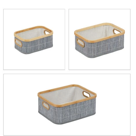 Relaxdays Panier De Rangement, Lot De 3, Avec Poignées, Trois Tailles Différentes, Bambou Et Polyester, Empilables, Gris 4 Relaxdays Panier De Rangement, Lot De 3, Avec Poignées, Trois Tailles Différentes, Bambou Et Polyester, Empilables, Gris – Image 2