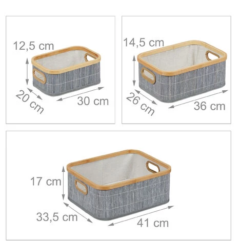 Relaxdays Panier De Rangement, Lot De 3, Avec Poignées, Trois Tailles Différentes, Bambou Et Polyester, Empilables, Gris 7 Relaxdays Panier De Rangement, Lot De 3, Avec Poignées, Trois Tailles Différentes, Bambou Et Polyester, Empilables, Gris – Image 5