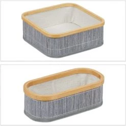 Relaxdays Panier De Rangement Bambou Et Tissu, Lot De 3, Corbeilles Salle De Bain, 2 Tailles Différentes, Gris/crème -Petit rangement Soldes Magasin 56841890 2
