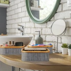 Relaxdays Panier De Rangement Bambou Et Tissu, Lot De 3, Corbeilles Salle De Bain, 2 Tailles Différentes, Gris/crème -Petit rangement Soldes Magasin 56841890 3