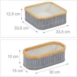 Relaxdays Panier De Rangement Bambou Et Tissu, Lot De 3, Corbeilles Salle De Bain, 2 Tailles Différentes, Gris/crème -Petit rangement Soldes Magasin 56841890 5