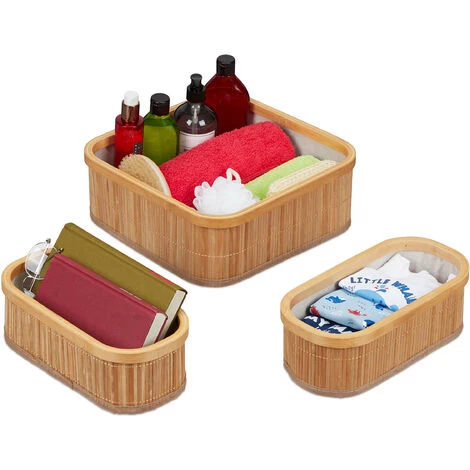 Relaxdays Panier De Rangement Bambou Et Tissu, Lot De 3, Corbeilles Salle De Bain, 2 Tailles Différentes, Nature/crème 3 Relaxdays Panier De Rangement Bambou Et Tissu, Lot De 3, Corbeilles Salle De Bain, 2 Tailles Différentes, Nature/crème