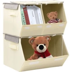 TRUE DEAL Boîtes De Rangement Empilables 3 Pcs Tissu Gris Et Crème -Petit rangement Soldes Magasin 57840644 3