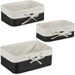 Relaxdays Panier De Rangement En Bambou Et Tissu, Lot De 3, Corbeilles Salle De Bain, 3 Tailles Différentes, Noir-crème -Petit rangement Soldes Magasin 58121289 2