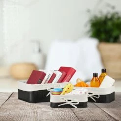 Relaxdays Panier De Rangement En Bambou Et Tissu, Lot De 3, Corbeilles Salle De Bain, 3 Tailles Différentes, Noir-crème -Petit rangement Soldes Magasin 58121289 3