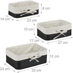 Relaxdays Panier De Rangement En Bambou Et Tissu, Lot De 3, Corbeilles Salle De Bain, 3 Tailles Différentes, Noir-crème -Petit rangement Soldes Magasin 58121289 5