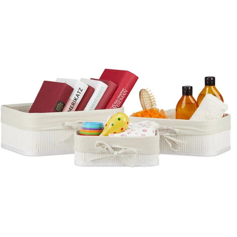 Relaxdays Panier De Rangement En Bambou Et Tissu, Lot De 3, Corbeilles Salle De Bain, 3 Tailles Différentes, Blanc 3 Relaxdays Panier De Rangement En Bambou Et Tissu, Lot De 3, Corbeilles Salle De Bain, 3 Tailles Différentes, Blanc