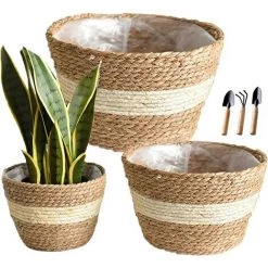 AIDUCHO Ensemble De 3 Paniers Tissés En Herbe, Pots De Plantes D'intérieur Pour La Décoration De Fleurs De Plantes D'intérieur, Panier De Rangement Pour Pot De Fleurs