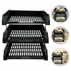GRID COOL 3 Plateaux En Plastique Organisateur De Fichiers De Bureau Noir Vertical Document Bac à Lettres Organisateur Empilable Trieur Porte-fichier Avec Organisateur De Tiroir Pour Bureau Maison -Petit rangement Soldes Magasin 58347518 3