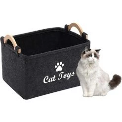 EINEMGELD Panier De Rangement Pour Jouets Pour Chat -Boîte De Rangement Avec Manche En Bois, Rangementbox Pour Jouets Pour Chat,vêtements Et Accessoires Animaux-Gris Foncé