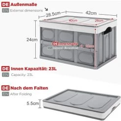 CATHERINE Set De 1 Boîtes De Rangement Pliable Gris Avec Couvercle Caisse Pliable, Caisse De Rangement 28L Pour Vêtement, Décoration, Jouets, Magazine, Petit Trucs, Accesoires, Réutilisable
