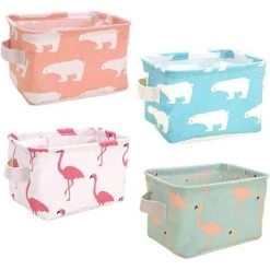 CATHERINE Panier Cube De Rangement, Panier En Tissu, 4 Pièces Petit Panier Rangement, Avec 2 Poignées, Pliable, Motif Flamant Ou Ours, Pour Bureau, Jouets, Livres Ou Maquillage (21 X 16 X 13.5cm)