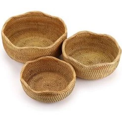 FLYME 3pcs Panier De Service Corbeille à Fruits Panier D’osier Rangement Pour Cookies, Pain ,fruits (rond,vague)