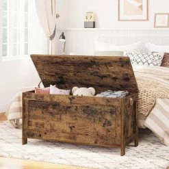 Banc De Rangement, Coffre De Rangement Avec Charnières De Sécurité, Banquette, Rangement Pour Jouet Enfant, Solide, Stable, Coffre à Jouets, Montage Facile, HOOBRO EBF100CW01 - Marron Rustique