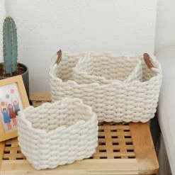 FVBJD Panier De Rangement En Corde De Coton Organisateurs De Paniers De Rangement Rectangulaires Naturels DéCoratifs Pour Chambre De BéBé, Chambre à Coucher, Salon Blanc Lot De 3 -Petit rangement Soldes Magasin 60100714 3
