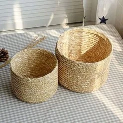 ENLENK Panier De Rangement En Jonc De Mer, Panier De Fleur Tressé, Panier à Linge En Osier, Organisateurs Boîte Conteneur De Stockage Tissé À La Main，Round Small, Diameter 16cm, Height 13cm -Petit rangement Soldes Magasin 60168328 3