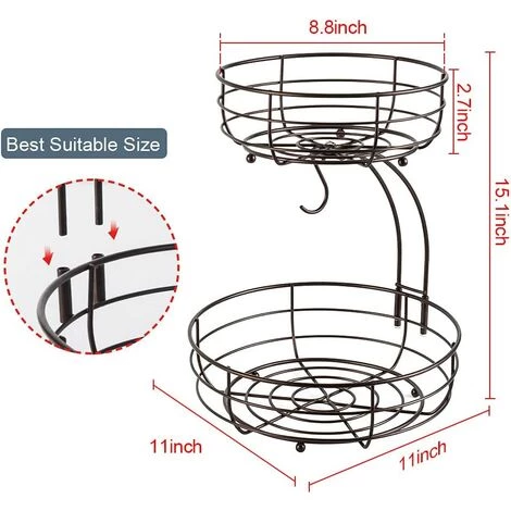 READCLY Corbeille à Fruits à 2 Niveaux Avec Porte-bananes, Corbeille à Fruits à Plusieurs Niveaux En Métal Pour Collations De Fruits Et Légumes Et Articles Ménagers (noir) 4 READCLY Corbeille à Fruits à 2 Niveaux Avec Porte-bananes, Corbeille à Fruits à Plusieurs Niveaux En Métal Pour Collations De Fruits Et Légumes Et Articles Ménagers (noir) – Image 2