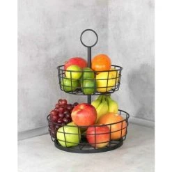 WENKO Corbeille à Fruit, Panier à Fruits à étages, Panière Decorative à Poser Sur Le Plan De Travail Ou à Suspendre, Style Industriel, Fer, Ø 28 X 39 Cm, Noir -Petit rangement Soldes Magasin 60388678 5