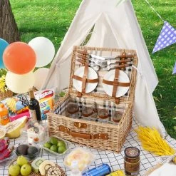 BENOBBY KIDS Panier De Pique-nique En Osier, Ensemble De Couverts Pour Le Camping Et Les Fêtes En Plein Air