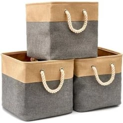 EINEMGELD Boîte De Rangement Pliable En Coton De Jute Avec Poignée, Panier à Linge, Meuble De Rangement Pour Étagère, Bibliothèque, Salle De Bain – Lot De 3, Beige Et Gris
