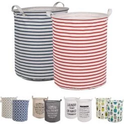 EINEMGELD 2PCS 17.7"Trieuse Pour Rangement De Paniers à Linge, Paniers à Linge Escamotables, Lin En Coton Rond Imperméable (Bandes, Épaissie 17.7"/ Moyenne)