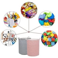 EINEMGELD 2PCS 17.7"Trieuse Pour Rangement De Paniers à Linge, Paniers à Linge Escamotables, Lin En Coton Rond Imperméable (Bandes, Épaissie 17.7"/ Moyenne) -Petit rangement Soldes Magasin 60671088 4