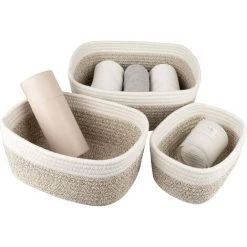 EINEMGELD Panier De Rangement De 13,5 Cm En Coton Tissé, Ensemble De 3 Corbeilles Empilables à Usages Multiples, Blanc Et Marron Clair