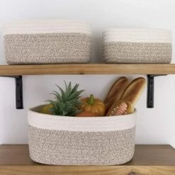 EINEMGELD Panier De Rangement De 13,5 Cm En Coton Tissé, Ensemble De 3 Corbeilles Empilables à Usages Multiples, Blanc Et Marron Clair -Petit rangement Soldes Magasin 60671311 3