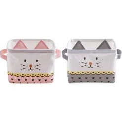 EINEMGELD Lot De 2 Paniers De Rangement Pliable En Coton Lin Petit Boîtes De Rangement Imperméable Pour Organiser Jouets Maquillages Accessoires - Chat Mignon, Rose & Gris