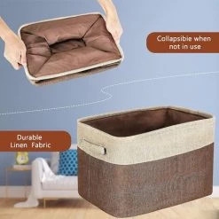 EINEMGELD Lot De 3 Paniers De Rangement Pliable En Tissu, Boîte De Rangement Cube En Jute Avec Poignée De Transport En Coton, Pour Vêtements, Sous-vêtements, Livres, Jouets, Panier De Bureaus, Marron & Beige -Petit rangement Soldes Magasin 60672188 3