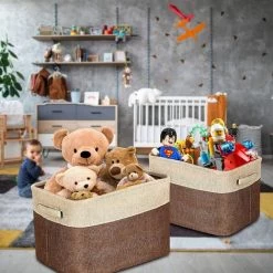EINEMGELD Lot De 3 Paniers De Rangement Pliable En Tissu, Boîte De Rangement Cube En Jute Avec Poignée De Transport En Coton, Pour Vêtements, Sous-vêtements, Livres, Jouets, Panier De Bureaus, Marron & Beige -Petit rangement Soldes Magasin 60672188 4