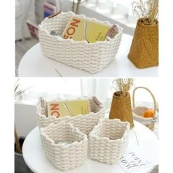 HKLFFJA Panier De Rangement En Corde De Coton Organisateurs De Paniers De Rangement Rectangulaires Naturels DéCoratifs Pour Chambre De BéBé, Chambre à Coucher, Salon Blanc Small -Petit rangement Soldes Magasin 61234800 4