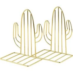 FLYME Serre-Livre Metal, 1 Paires Serre-Livres Enfants, Cactus Serre-Livres Design, Pour Bureaux ,Décoratifs , Étagères,Écoles Et Librairie (Doré)