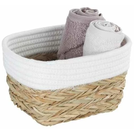 WENKO Panier De Rangement Rika S, Corbeille Décorative Pour Accessoires, En Fibres Naturelles Tressées, Ornée D'un Tissu En Coton, 80 % De Fibres Naturelles, 20 % De Coton, 15 X 20 X 13 Cm, Brun/blanc 4 WENKO Panier De Rangement Rika S, Corbeille Décorative Pour Accessoires, En Fibres Naturelles Tressées, Ornée D'un Tissu En Coton, 80 % De Fibres Naturelles, 20 % De Coton, 15 X 20 X 13 Cm, Brun/blanc – Image 2