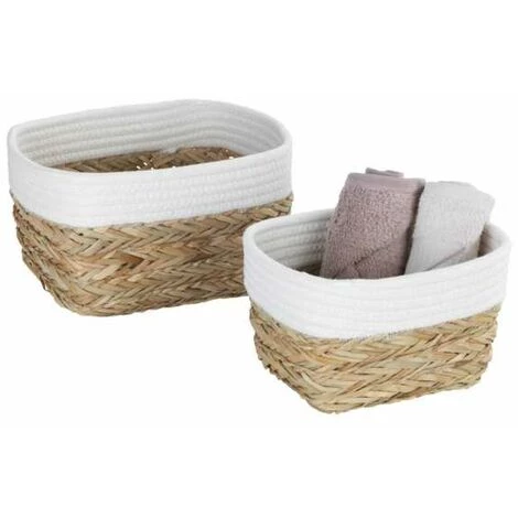 WENKO Panier De Rangement Rika S, Corbeille Décorative Pour Accessoires, En Fibres Naturelles Tressées, Ornée D'un Tissu En Coton, 80 % De Fibres Naturelles, 20 % De Coton, 15 X 20 X 13 Cm, Brun/blanc 6 WENKO Panier De Rangement Rika S, Corbeille Décorative Pour Accessoires, En Fibres Naturelles Tressées, Ornée D'un Tissu En Coton, 80 % De Fibres Naturelles, 20 % De Coton, 15 X 20 X 13 Cm, Brun/blanc – Image 4
