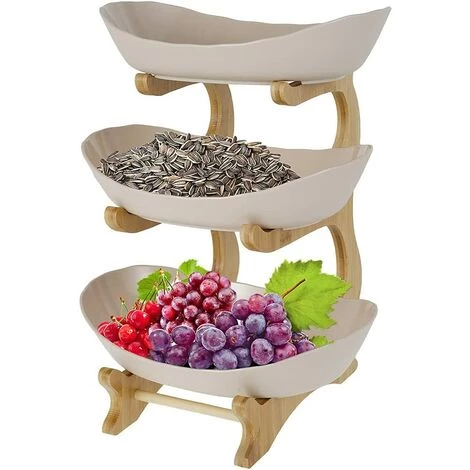 MEZHENG Corbeille à Fruits 3 étages,Porte-Fruits Céramique 3 Etages Avec Support En Bambou Naturel Pour Fruits,Gâteaux, Bonbons 35*15cm (beige) 4 MEZHENG Corbeille à Fruits 3 étages,Porte-Fruits Céramique 3 Etages Avec Support En Bambou Naturel Pour Fruits,Gâteaux, Bonbons 35*15cm (beige) – Image 2