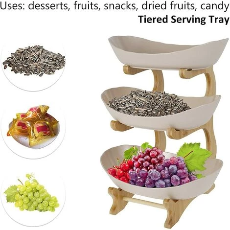 MEZHENG Corbeille à Fruits 3 étages,Porte-Fruits Céramique 3 Etages Avec Support En Bambou Naturel Pour Fruits,Gâteaux, Bonbons 35*15cm (beige) 5 MEZHENG Corbeille à Fruits 3 étages,Porte-Fruits Céramique 3 Etages Avec Support En Bambou Naturel Pour Fruits,Gâteaux, Bonbons 35*15cm (beige) – Image 3